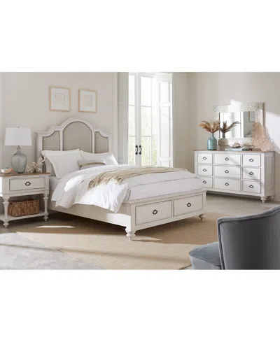 Macy's Mandeville 3pc Bedroom Set (upholstered King Storage Bed + Dresser + 1-drawer Nightstand) In White