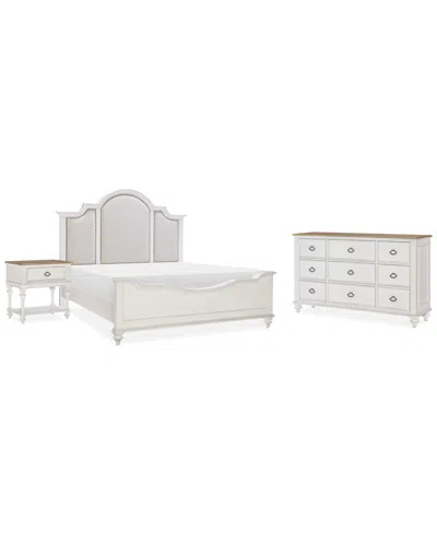 Macy's Mandeville 3pc Bedroom Set (upholstered Queen Bed + Dresser + 1-drawer Nightstand) In White