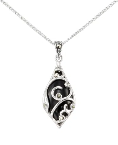 Macy's Marcasite (0.06 Ct. T.w.) And Onyx (3 Ct. T.w.) Teardrop Pendant Necklace In Sterling Silver In Multi