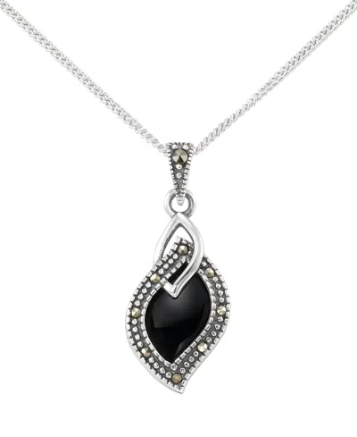 Macy's Marcasite (0.07 Ct. T.w.) And Onyx (1 Ct. T.w.) Teardrop Pendant Necklace In Sterling Silver In Metallic