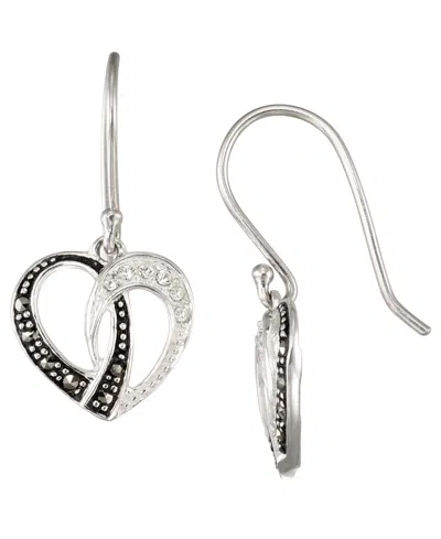 Macy's Marcasite (0.08 Ct. T.w.) And Crystal Open Heart Wire Earrings In Sterling Silver