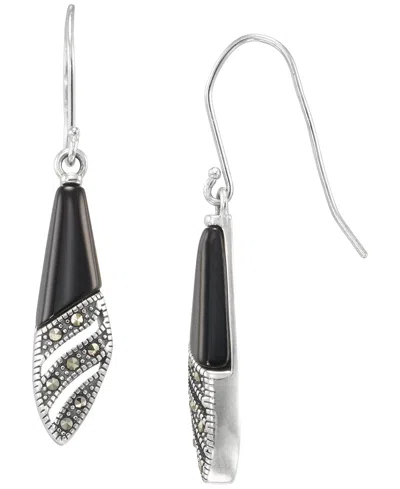 Macy's Marcasite (0.09 Ct. T.w.) And Onyx (1-1/2 Ct. T.w.) Dangle Earrings In Sterling Silver In Black