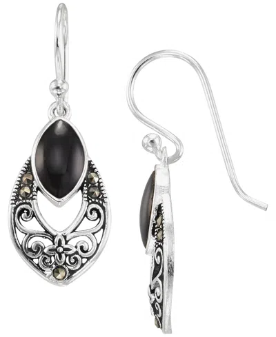 Macy's Marcasite (0.09 Ct. T.w.) And Onyx (1 Ct. T.w.) Drop Earrings In Sterling Silver In Black