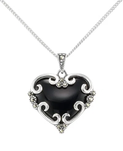 Macy's Marcasite (0.09 Ct. T.w.) And Onyx (4 Ct. T.w.) Heart Pendant Necklace In Sterling Silver In Metallic