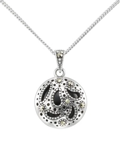 Macy's Marcasite (0.10 Ct. T.w.) And Onyx (3 Ct. T.w.) Openwork Round Pendant Necklace In Sterling Silver In Metallic