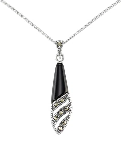 Macy's Marcasite (0.12 Ct. T.w.) And Onyx (3/4 Ct. T.w.) Pendant Necklace In Sterling Silver In Multi
