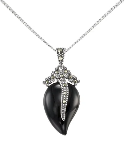 Macy's Marcasite (0.12 Ct. T.w.) And Onyx (5 Ct. T.w.) Pendant Necklace In Sterling Silver In Black