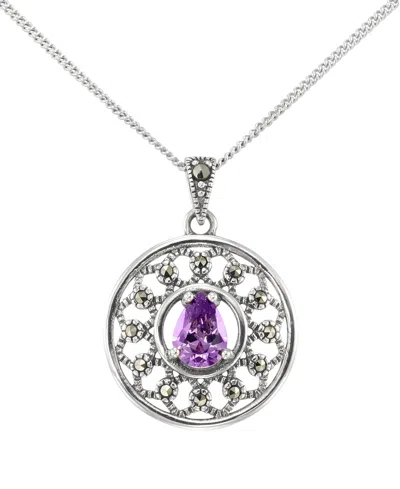 Macy's Marcasite (0.13 Ct. T.w.) And Amethyst (1/2 Ct. T.w.) Round Pendant Necklace In Sterling Silver