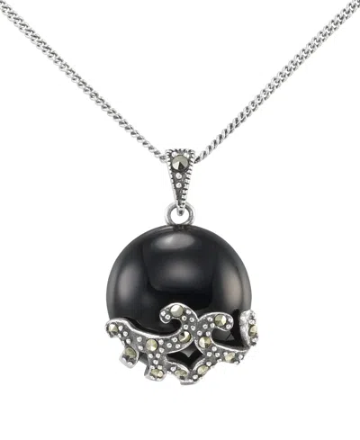 Macy's Marcasite (0.13 Ct. T.w.) And Onyx (4-1/2 Ct. T.w.) Pendant Necklace In Sterling Silver In Black
