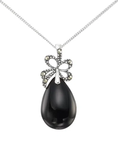 Macy's Marcasite (0.14 Ct. T.w.) And Onyx (10 Ct. T.w.) Pendant Necklace In Sterling Silver In Black