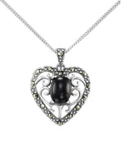 Macy's Marcasite (0.17 Ct. T.w.) And Faceted Onyx (1-1/4 Ct. T.w.) Heart Pendant Necklace In Sterling Silve In Silver