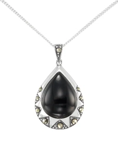 Macy's Marcasite (0.19 Ct. T.w.) And Onyx (3-1/2 Ct. T.w.) Teardrop Pendant Necklace In Sterling Silver In Black