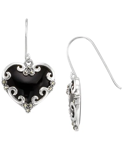 Macy's Marcasite (0.22 Ct. T.w.) And Onyx (5 Ct. T.w.) Drop Earrings In Sterling Silver In Metallic