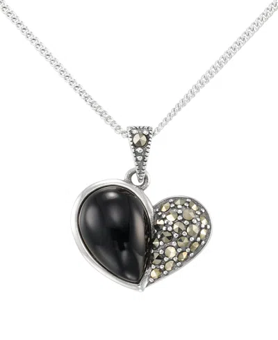 Macy's Marcasite (0.24 Ct. T.w.) And Onyx (3 Ct. T.w.) Heart Pendant Necklace In Sterling Silver In Multi