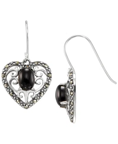 Macy's Marcasite (0.30 Ct. T.w.) And Faceted Onyx (1-1/2 Ct. T.w.) Drop Earrings In Sterling Silver In Black