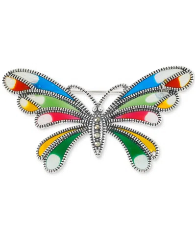 Macy's Marcasite (1/10 Ct. T.w.), Cubic Zirconia, & Multicolor Enamel Butterfly Pin In Sterling Silver