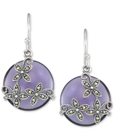 Macy's Marcasite (1/5 Ct. T.w.) & Purple Glass Stone Drop Earrings In Sterling Silver