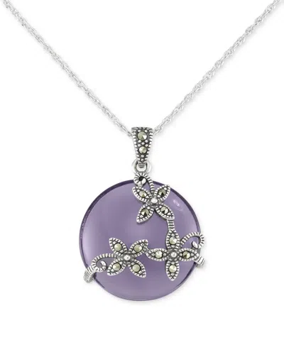 Macy's Marcasite (1/5 Ct. T.w.) & Purple Glass Stone Pendant 18" Necklace In Sterling Silver