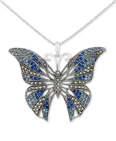 Macy's Marcasite (3/4 Ct. T.w.) & Blue Crystal Butterfly 18" Pendant Necklace In Sterling Silver