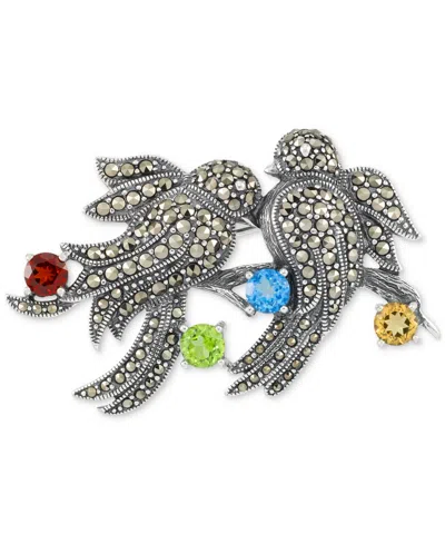 Macy's Marcasite (3/8 Ct. T.w.) & Multi-gemstone (2-3/8 Ct. T.w.) Two Bird Pin In Sterling Silver