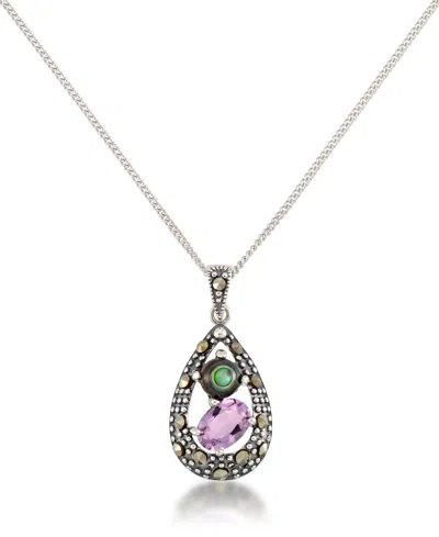 Macy's Marcasite, Amethyst (7/8 Ct. T.w.) And Abalone (1-1/2 Ct. T.w.) Teardrop Pendant+18" Chain In Sterli In Multi