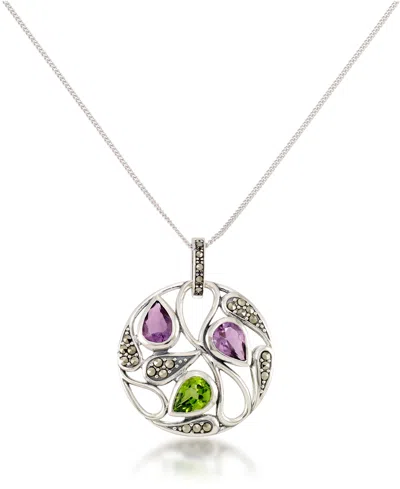 Macy's Marcasite And Amethyst ( 1-3/4 Ct. Tw.) And Peridot (2-5/8 Ct. T.w.) Paisley Round Pendant +18" Chai In Multi