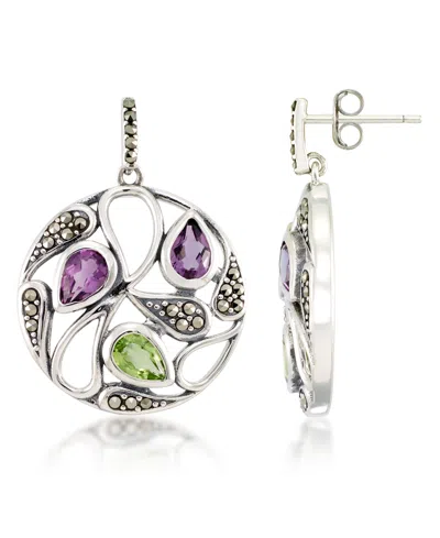 Macy's Marcasite And Amethyst(1 Ct. T.w.) And Peridot ( 2 Ct. T.w.) Paisley Round Post Earrings In Sterling In Multi