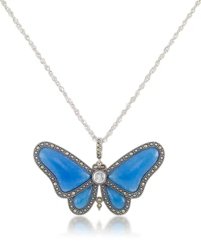 Macy's Marcasite And Blue Agate & Blue Topaz (1/3 Ct. T.w.) Butterfly Pendant+18" Chain In Sterling Silver