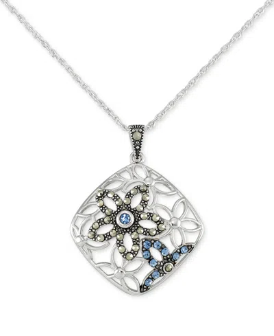 Macy's Marcasite & Blue Crystal Diamond Shape Pendant 18" Necklace In Sterling Silver
