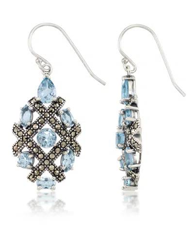 Macy's Marcasite And Blue Topaz (6 Ct. T.w.) Drop Wire Earrings In Sterling Silver