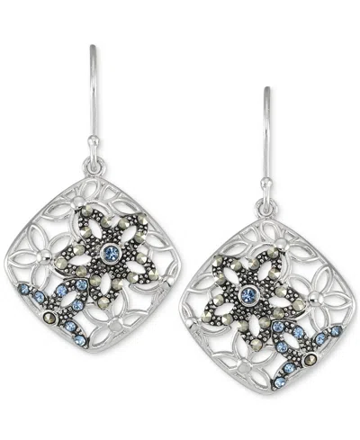 Macy's Marcasite & Crystal Flower Filigree Drop Earrings In Sterling Silver