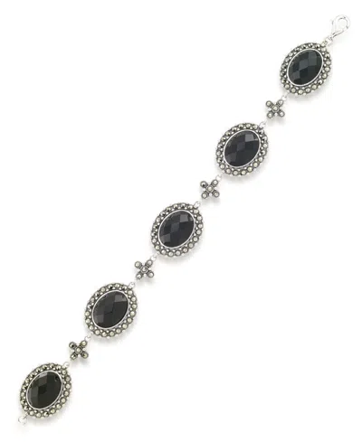 Macy's Marcasite And Faceted Onyx Oval 7.25" Link Bracelet In Sterling Silver
