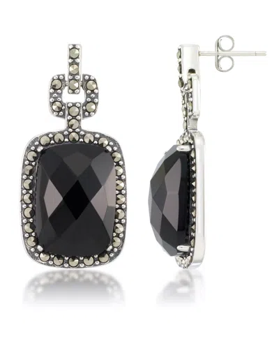 Macy's Marcasite And Faceted Onyx Square Post Earrings In Sterling Silver