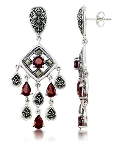 Macy's Marcasite And Garnet (3-3/4 Ct. T.w.) Chandelier Post Earrings In Sterling Silver