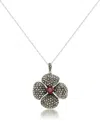 Macy's Marcasite And Garnet (9/10 Ct.t .w.) Pave Flower Pendant+18" Chain In Sterling Silver In Garnet