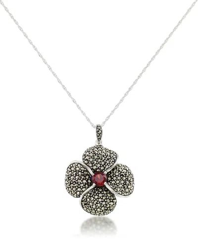 Macy's Marcasite And Garnet (9/10 Ct.t .w.) Pave Flower Pendant+18" Chain In Sterling Silver