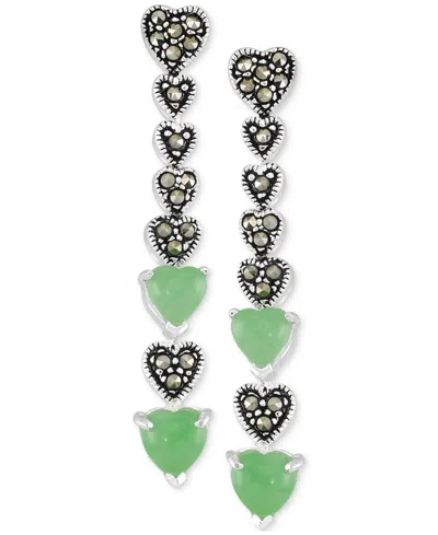 Macy's Marcasite & Jade Heart Linear Drop Earrings In Sterling Silver
