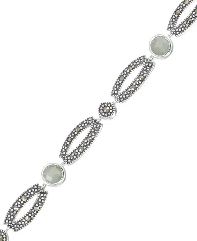 Macy's Marcasite Green Jade (8 Ct. T.w.) Station Link Bracelet In Sterling Silver In Brown