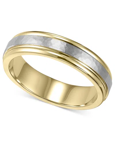 Macy's Men's 14k Gold And 14k White Gold Ring, Two-tone Hammered Wedding Band