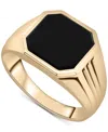 Macy's Men's 14k Gold-plated Sterling Silver Onyx Octagon Polished Ridged Ring In Yellow