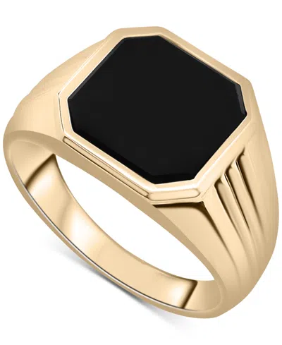 Macy's Men's 14k Gold-plated Sterling Silver Onyx Octagon Polished Ridged Ring In Yellow