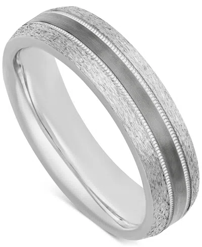 Macy's Men's Bark & Brushed Finish Wedding Band In Sterling Silver & Black Rhodium-plate