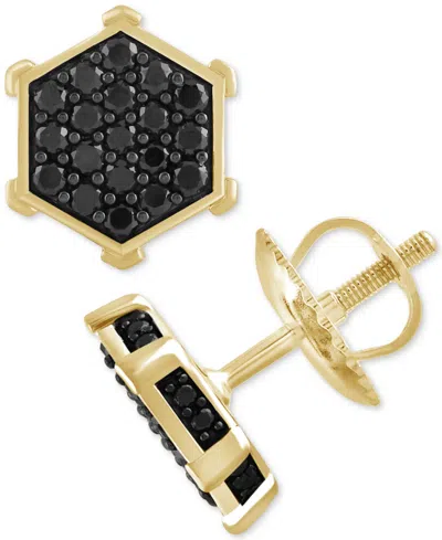 Macy's Men's Black Diamond Hexagon Cluster Screw Back Stud Earrings (1 Ct. T.w.) In Gold Over Silver