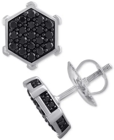 Macy's Men's Black Diamond Hexagon Cluster Screw Back Stud Earrings (1 Ct. T.w.) In Silver