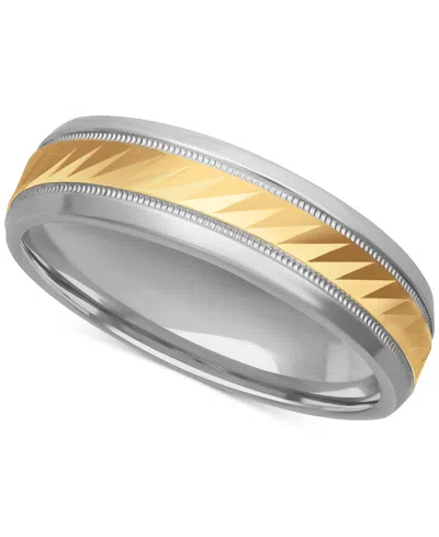 Macy's Men's Diagonally-engraved Milgrain Detail Wedding Band In Sterling Silver & 18k Gold-plated Sterling