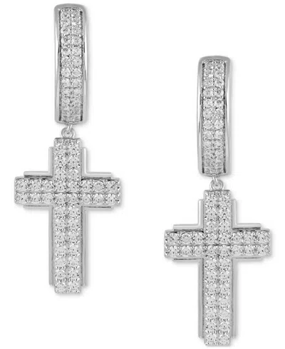 Macy's Men's Diamond Cluster Cross Dangle Hoop Earrings (1 Ct. T.w.) In Silver