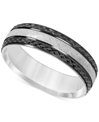 Macy's Men's Engraved Two-tone Wedding Band In Sterling Silver & Black Rhodium-plate In White