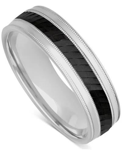 Macy's Men's Milgrain Bead Step-edge Wedding Band In Sterling Silver & Black Rhodium In Silver  Black