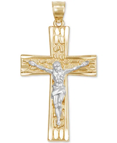 Macy's Men's Nugget Motif Christ Figure Crucifix Pendant In 14k Two-tone Gold