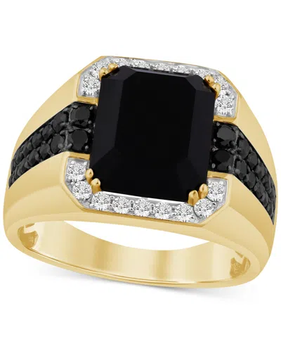 Macy's Men's Onyx And Black & White Diamond Halo Ring (1 Ct. T.w.) In 14k Gold-plated Sterling Silver In Multi